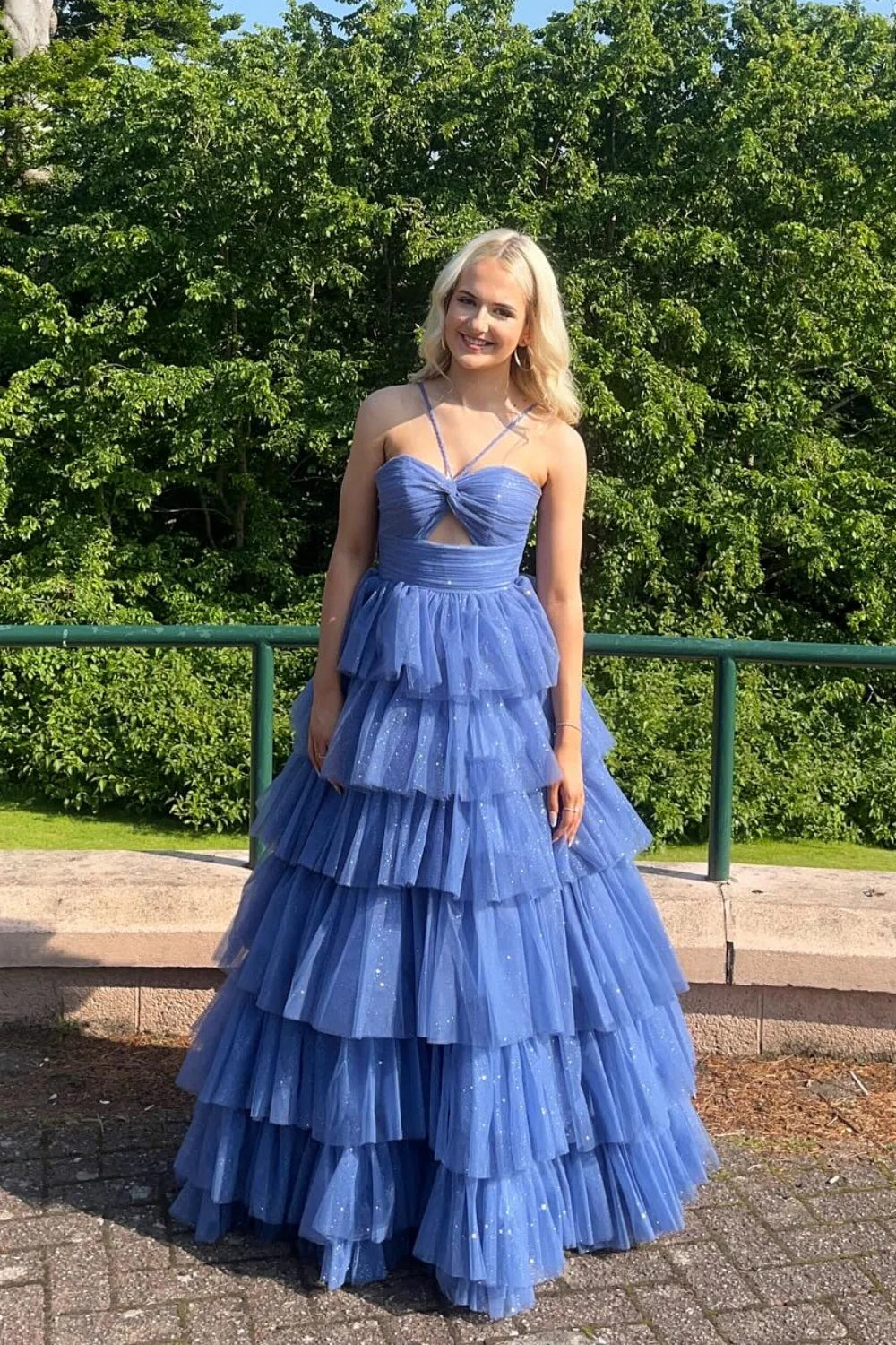 Fairy-Tale Strapless Sweetheart Twist Bodice Tiered Glitter Tulle Prom Dress with Cutout & Rhinestone Strap