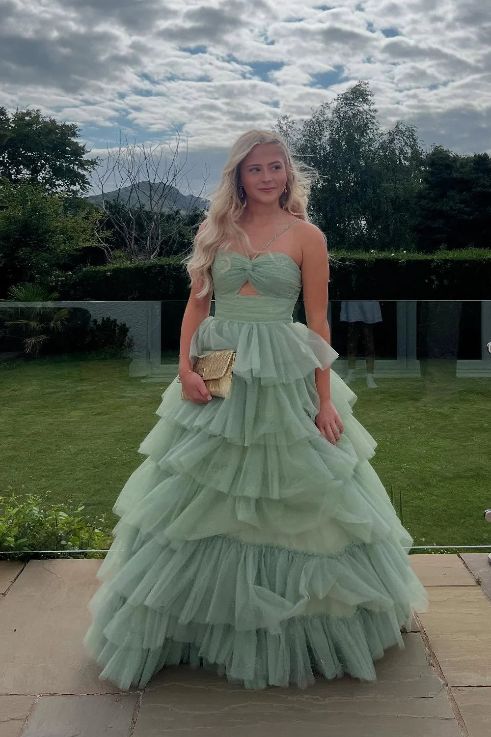 Sage Green Tulle A-Line Floor-Length Bridesmaid Dress with Sweetheart Neckline and Tiered Ruffled Skirt