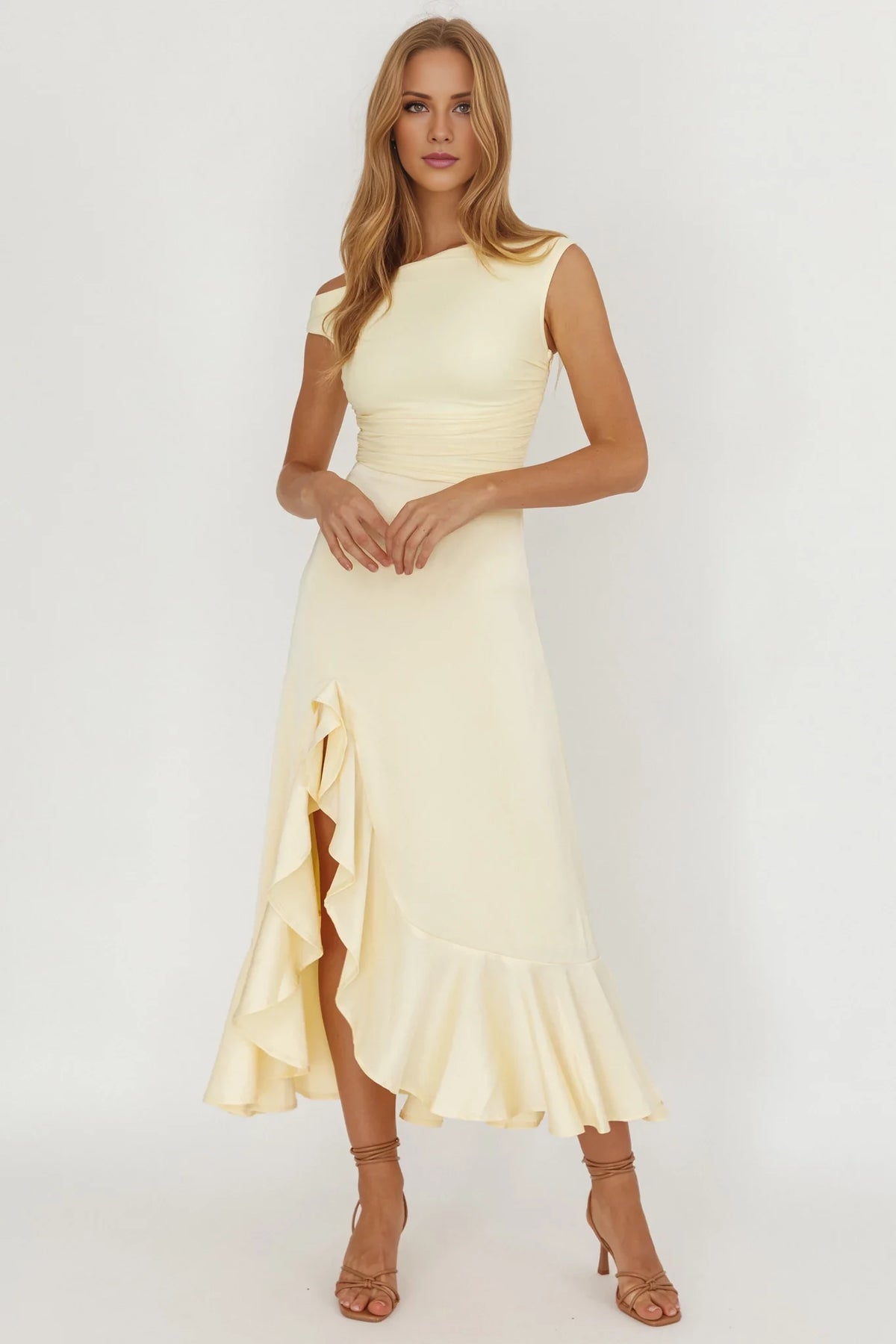 Butter Crepe A-Line Midi One Shoulder Dress with Ruched Bodice and High Slit