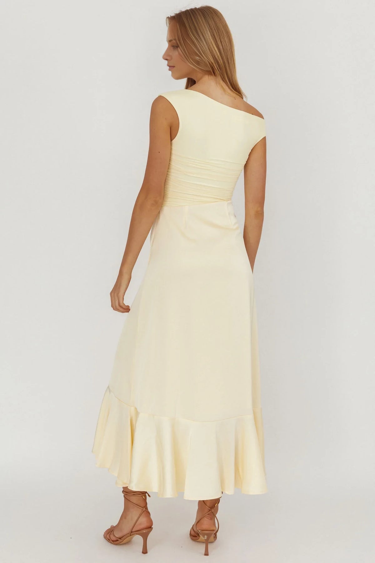 Butter Crepe A-Line Midi One Shoulder Dress with Ruched Bodice and High Slit