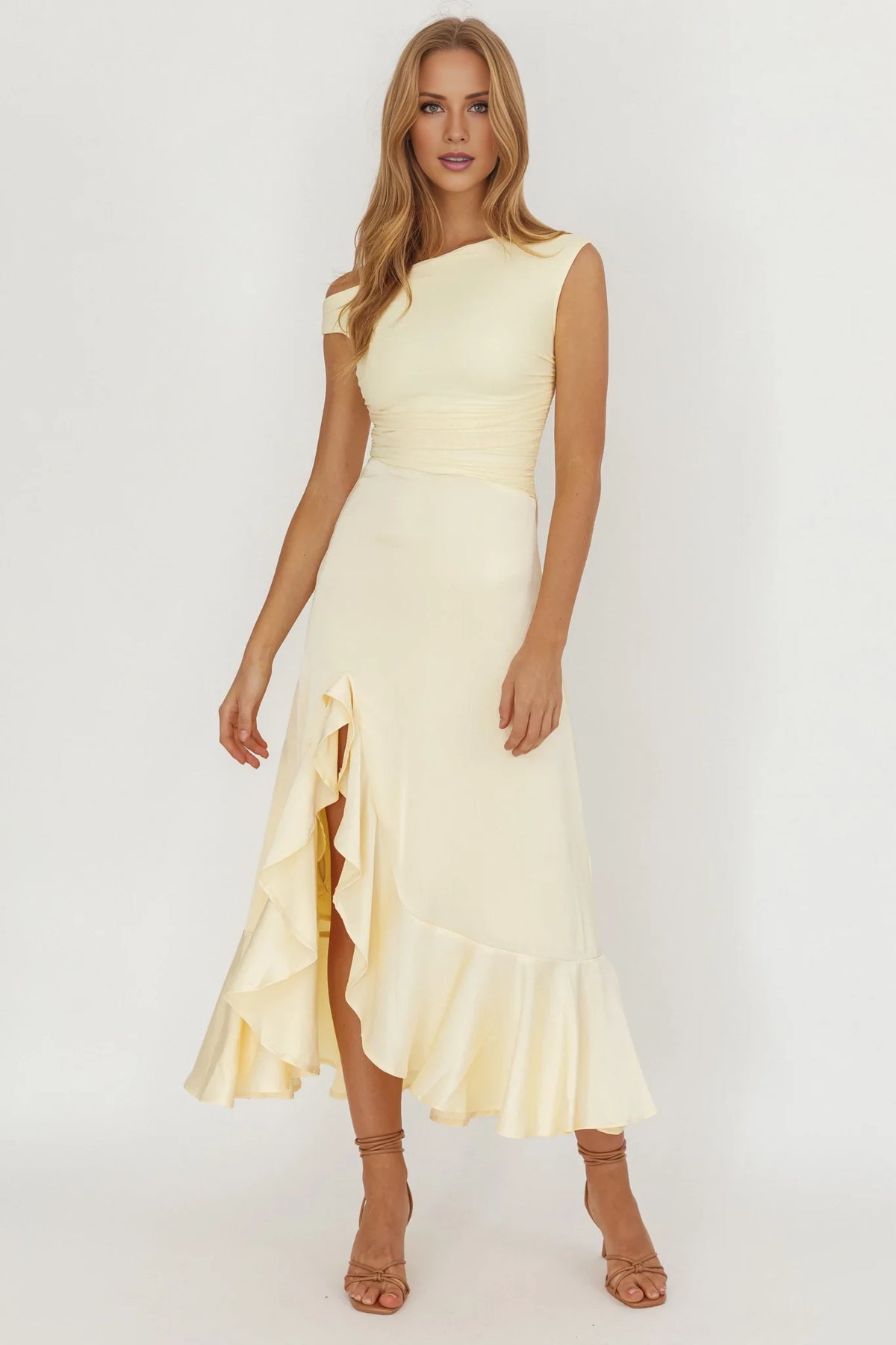 Butter Crepe A-Line Midi One Shoulder Dress with Ruched Bodice and High Slit