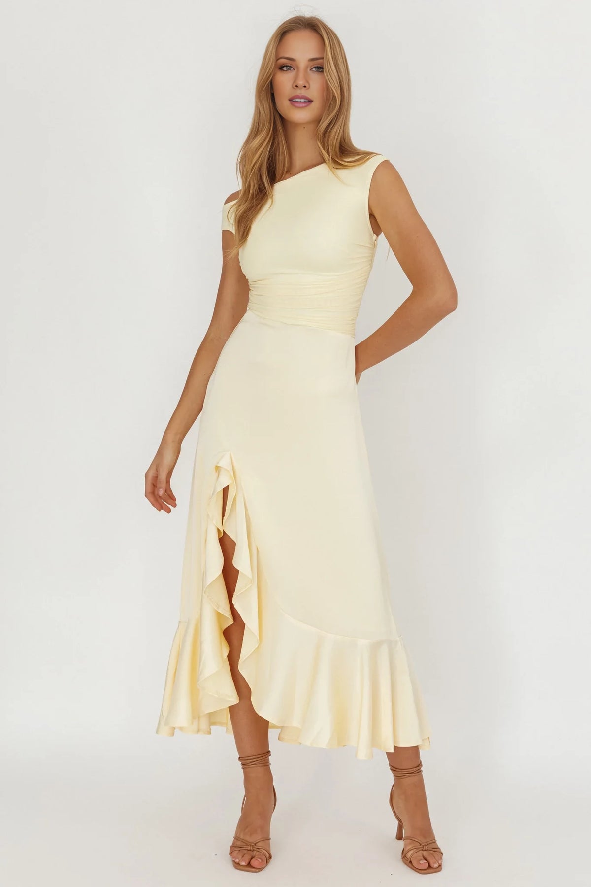 Butter Crepe A-Line Midi One Shoulder Dress with Ruched Bodice and High Slit