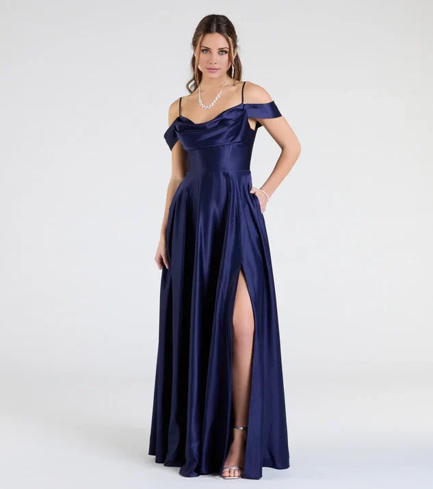 Dark Navy Satin Off-the-Shoulder A-Line Evening Dress