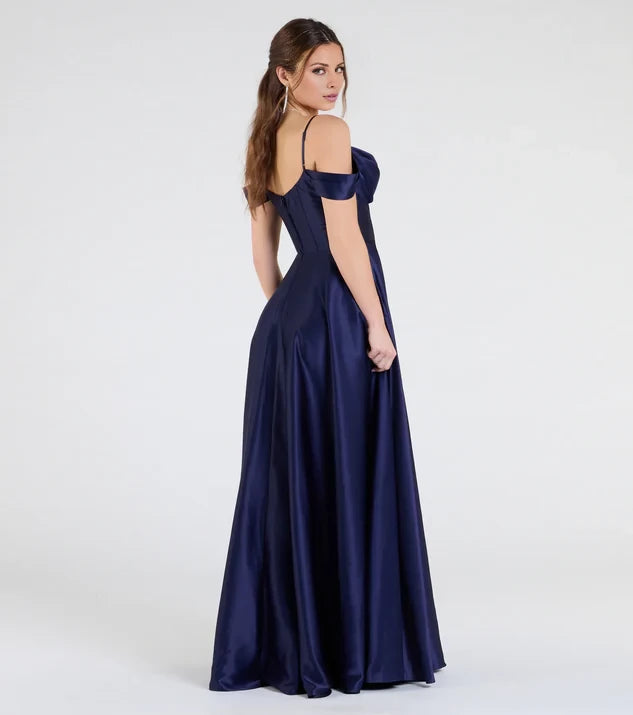 Dark Navy Satin Off-the-Shoulder A-Line Evening Dress