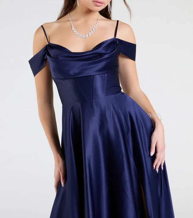 Dark Navy Satin Off-the-Shoulder A-Line Evening Dress