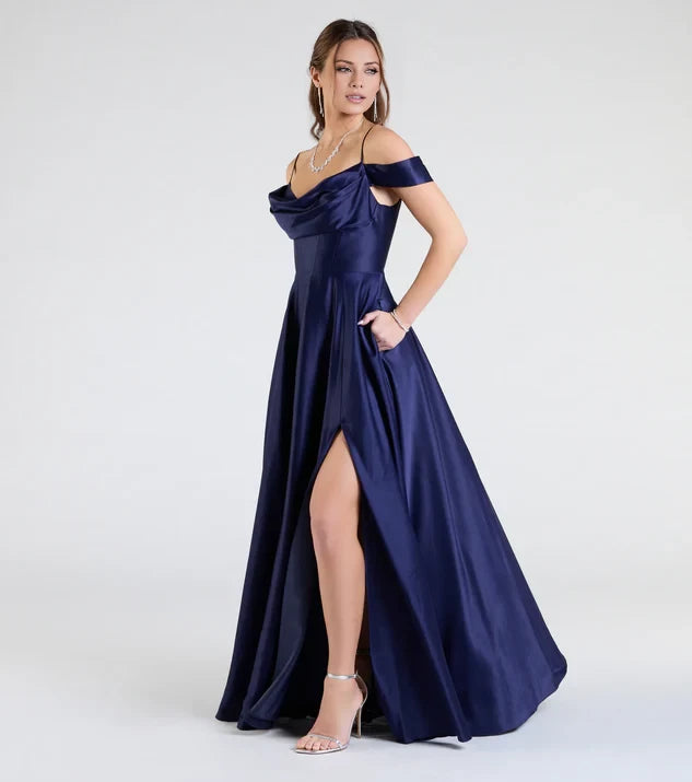 Dark Navy Satin Off-the-Shoulder A-Line Evening Dress