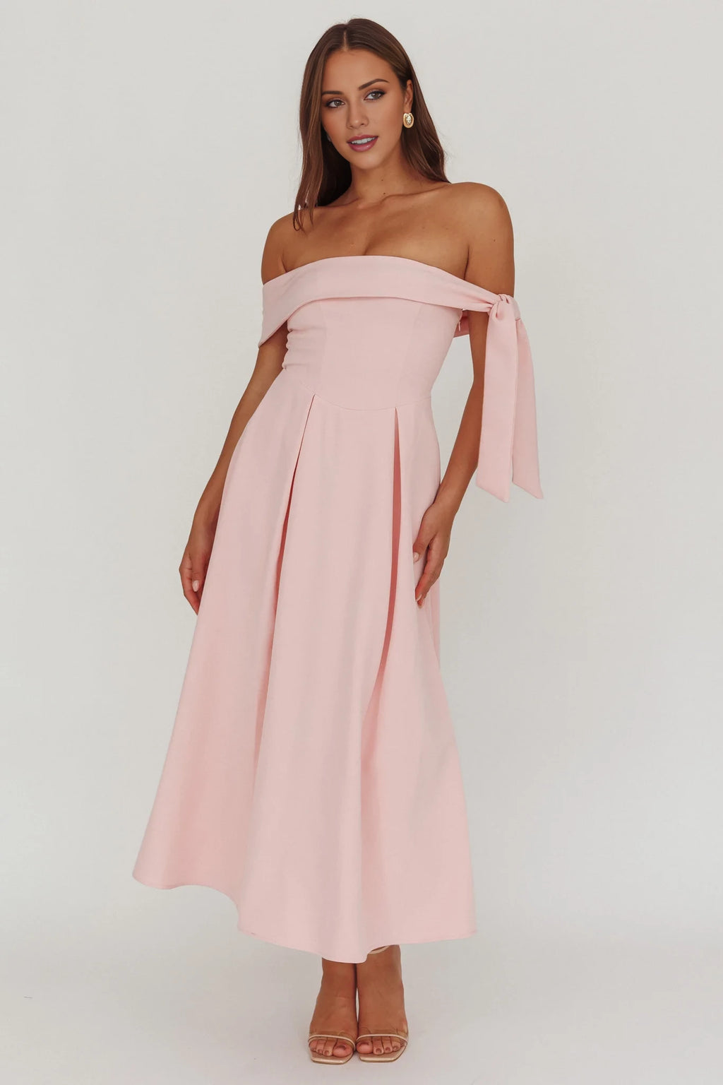 Blushing Pink Off-the-Shoulder A-Line Midi Bridesmaid Dress