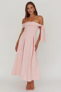 Blushing Pink Off-the-Shoulder A-Line Midi Bridesmaid Dress