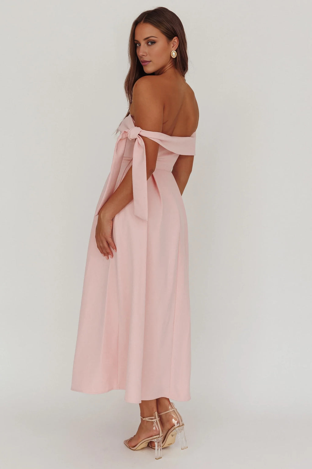 Blushing Pink Off-the-Shoulder A-Line Midi Bridesmaid Dress