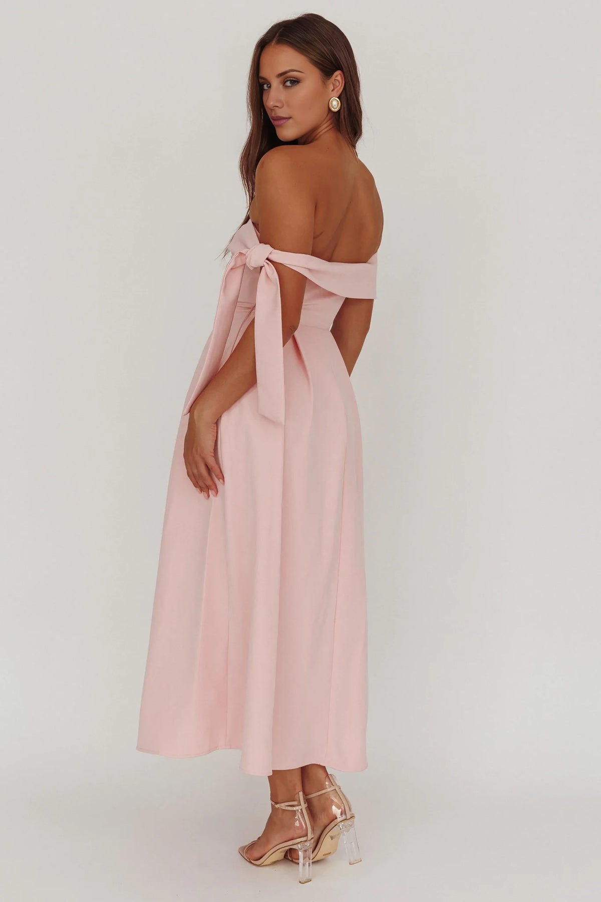 Blushing Pink Off-the-Shoulder A-Line Midi Bridesmaid Dress
