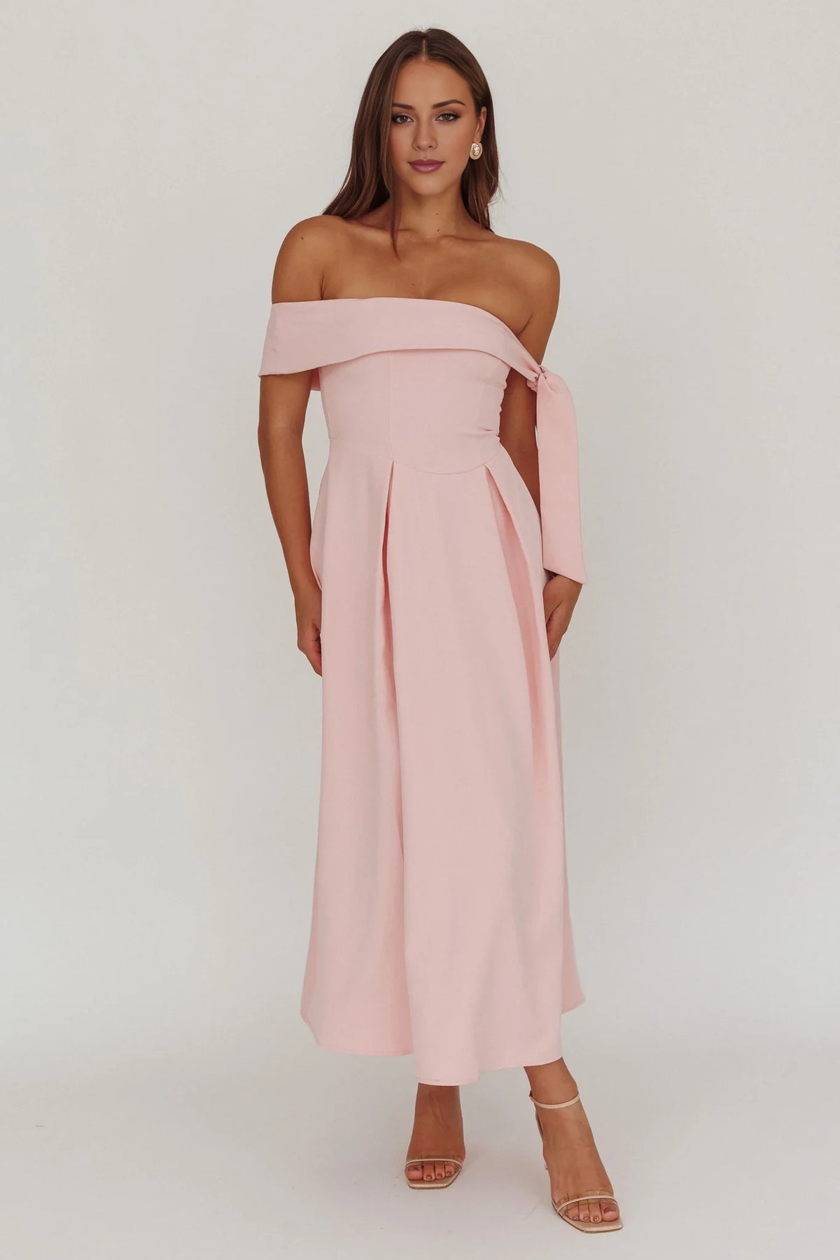 Blushing Pink Off-the-Shoulder A-Line Midi Bridesmaid Dress