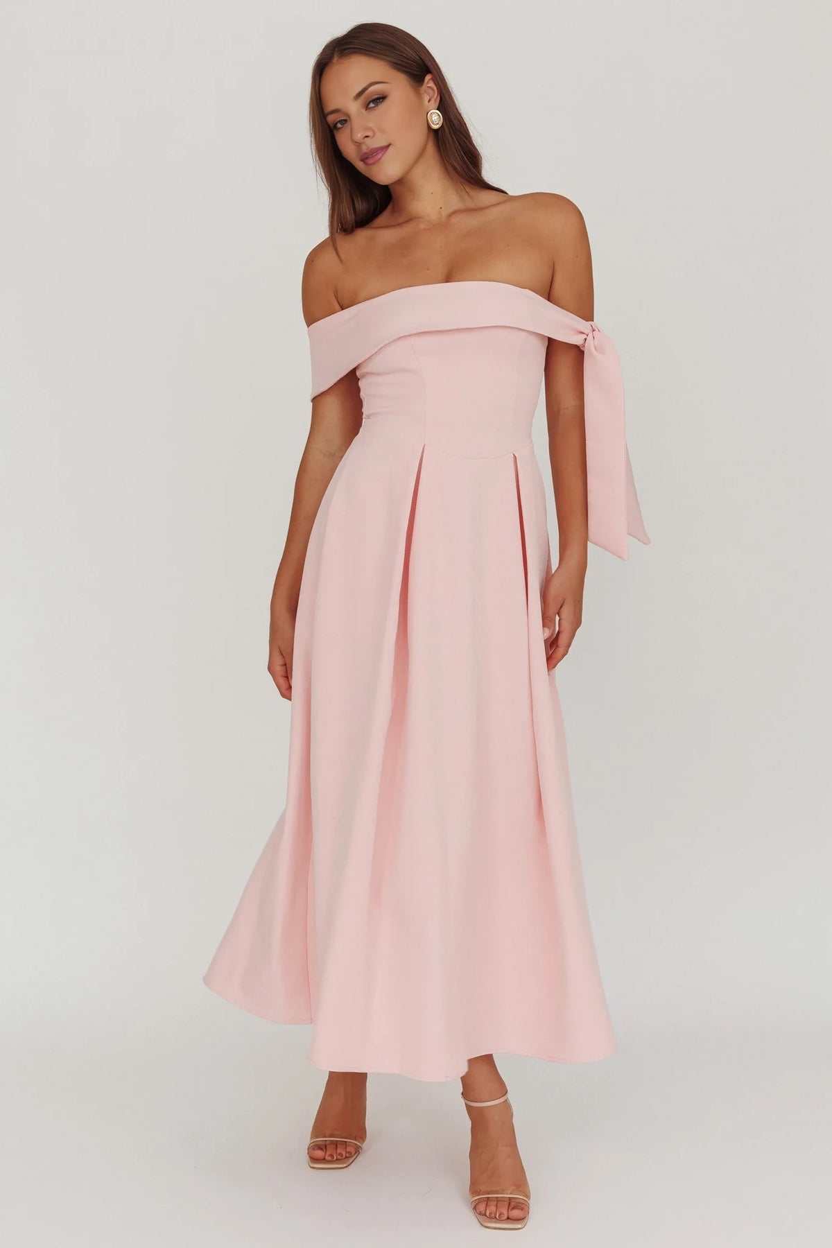 Blushing Pink Off-the-Shoulder A-Line Midi Bridesmaid Dress