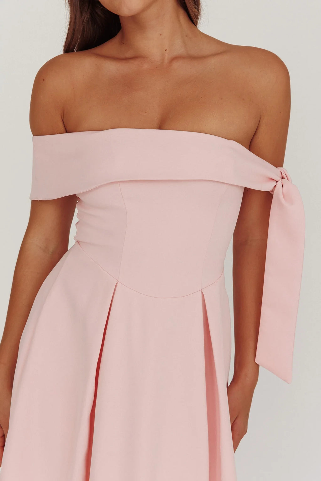 Blushing Pink Off-the-Shoulder A-Line Midi Bridesmaid Dress