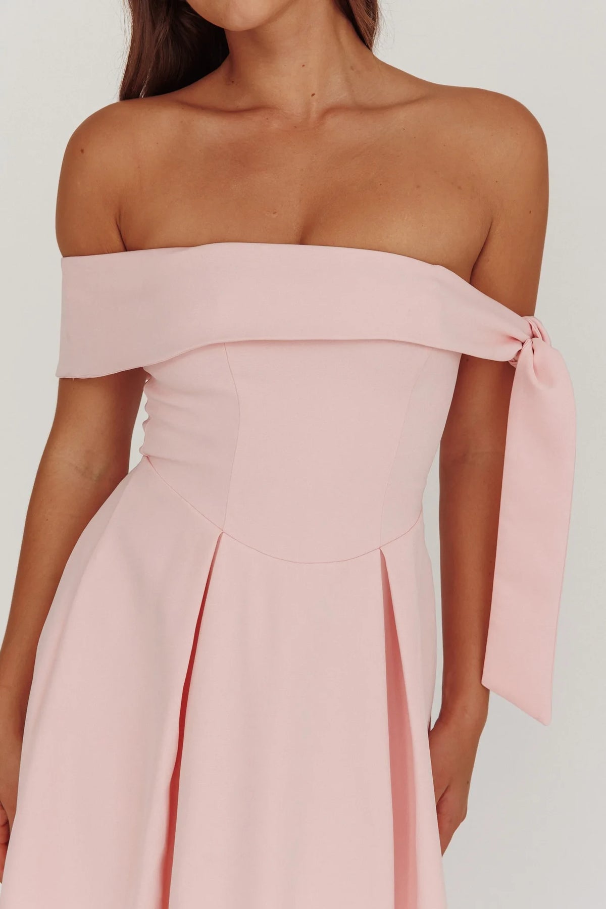 Blushing Pink Off-the-Shoulder A-Line Midi Bridesmaid Dress