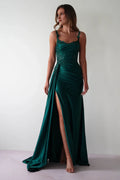 Emerald Satin Sweetheart Sheath/column Floor-Length Evening Dress with High Slit