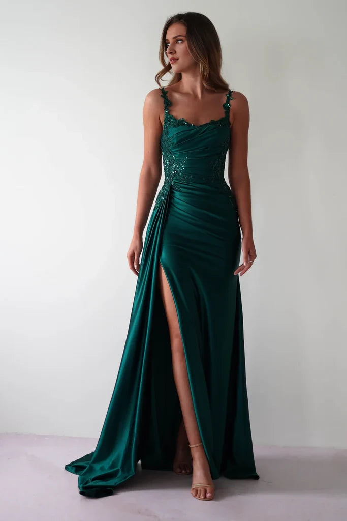 Emerald Satin Sweetheart Sheath/column Floor-Length Evening Dress with High Slit