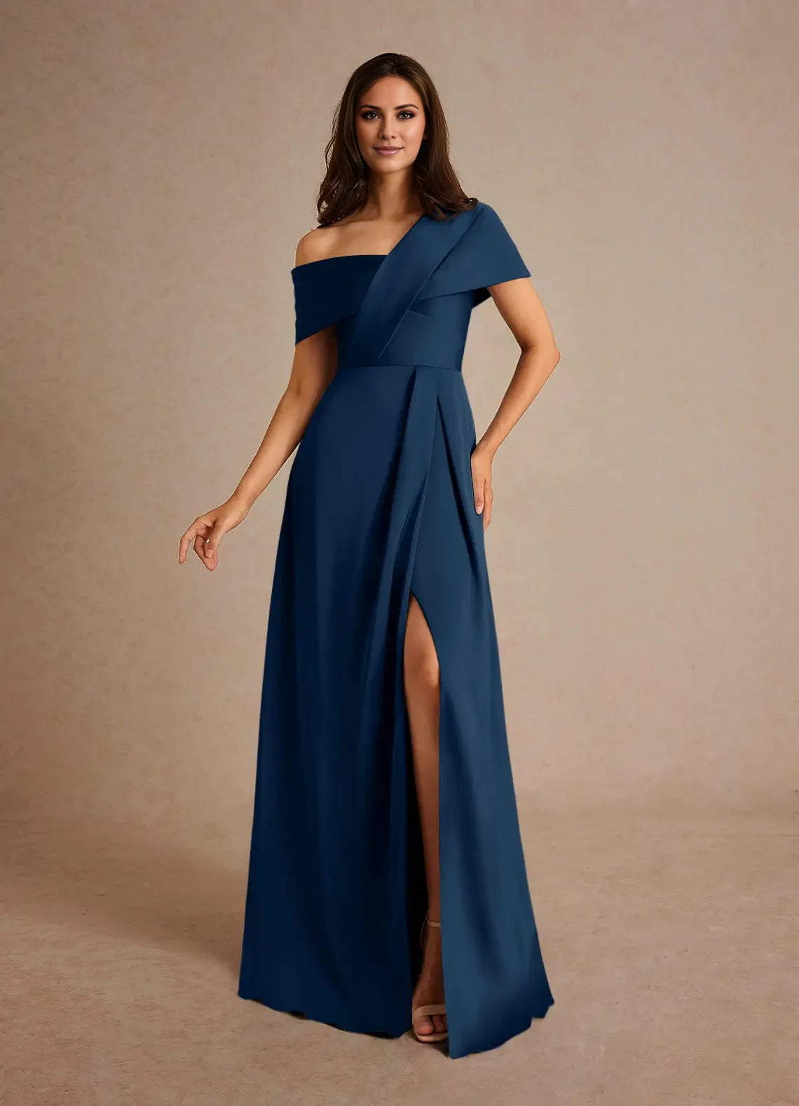 Dark Navy Crepe A-Line Off-the-Shoulder Floor-Length Bridesmaid Dress