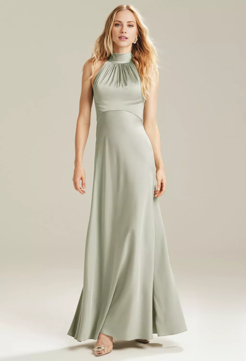 Fashion A-line High Neck Off Shoulder Sleeveless Backless Floor-Length Bridesmaid Dress