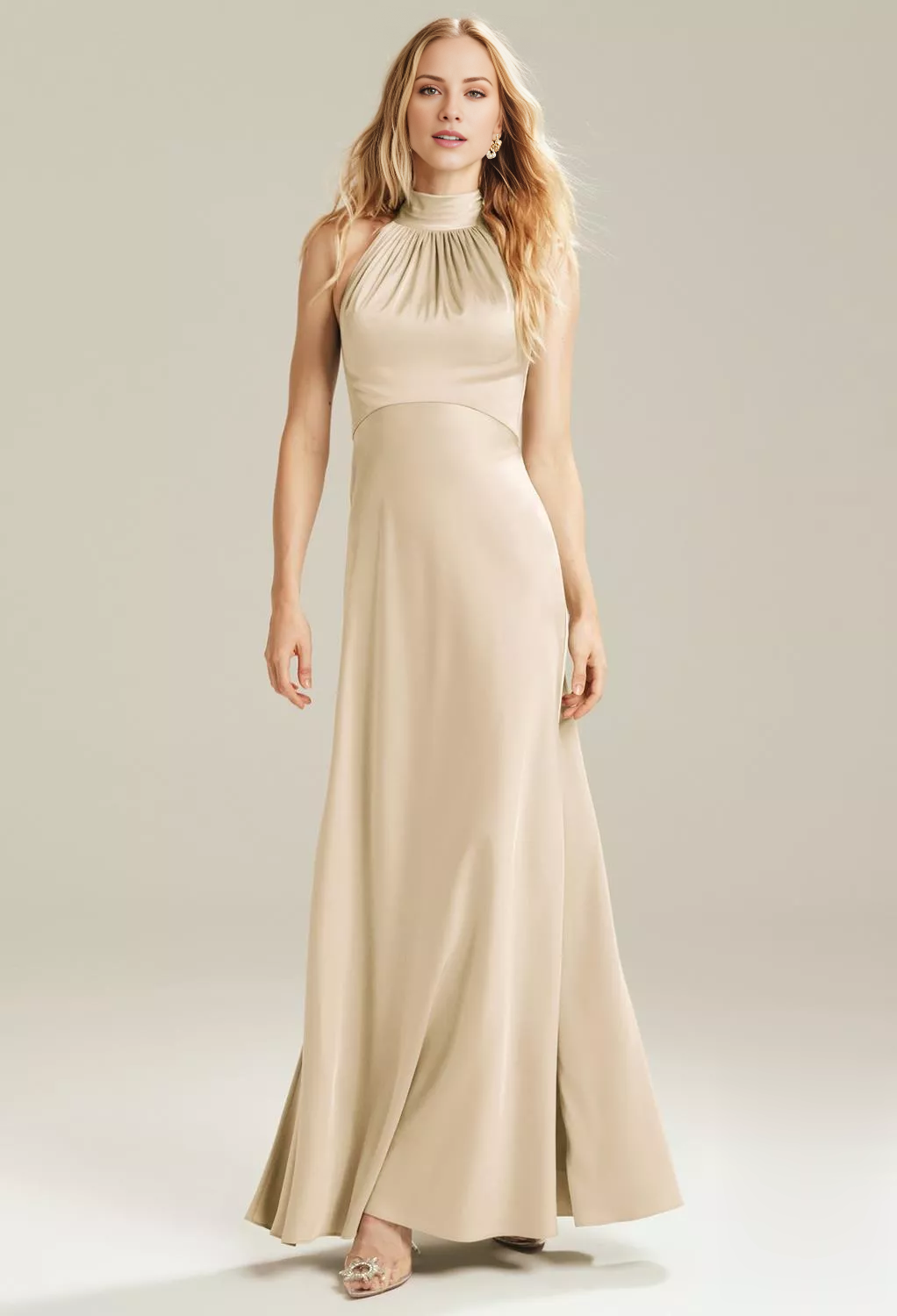 Fashion A-line High Neck Off Shoulder Sleeveless Backless Floor-Length Bridesmaid Dress
