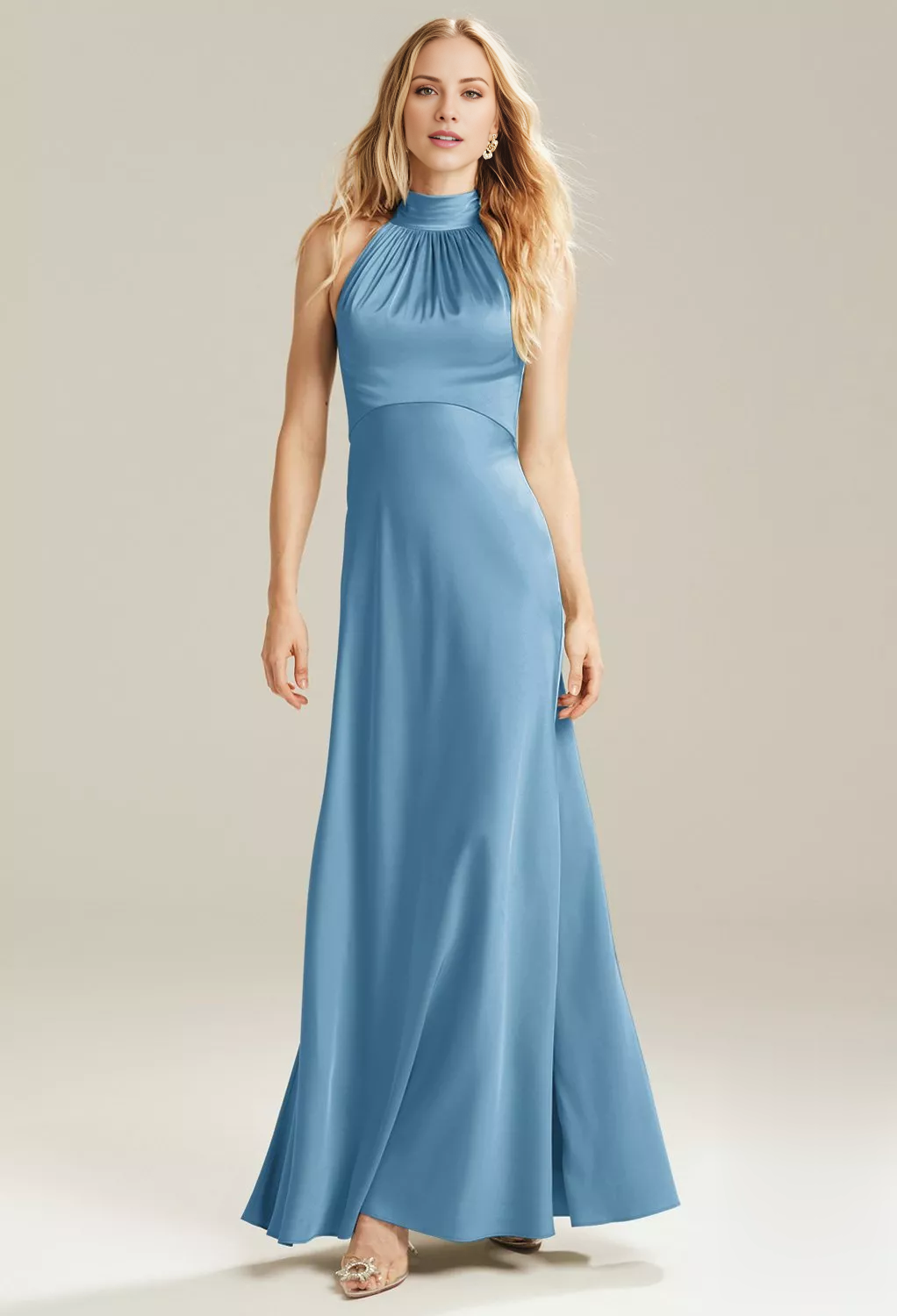 Fashion A-line High Neck Off Shoulder Sleeveless Backless Floor-Length Bridesmaid Dress