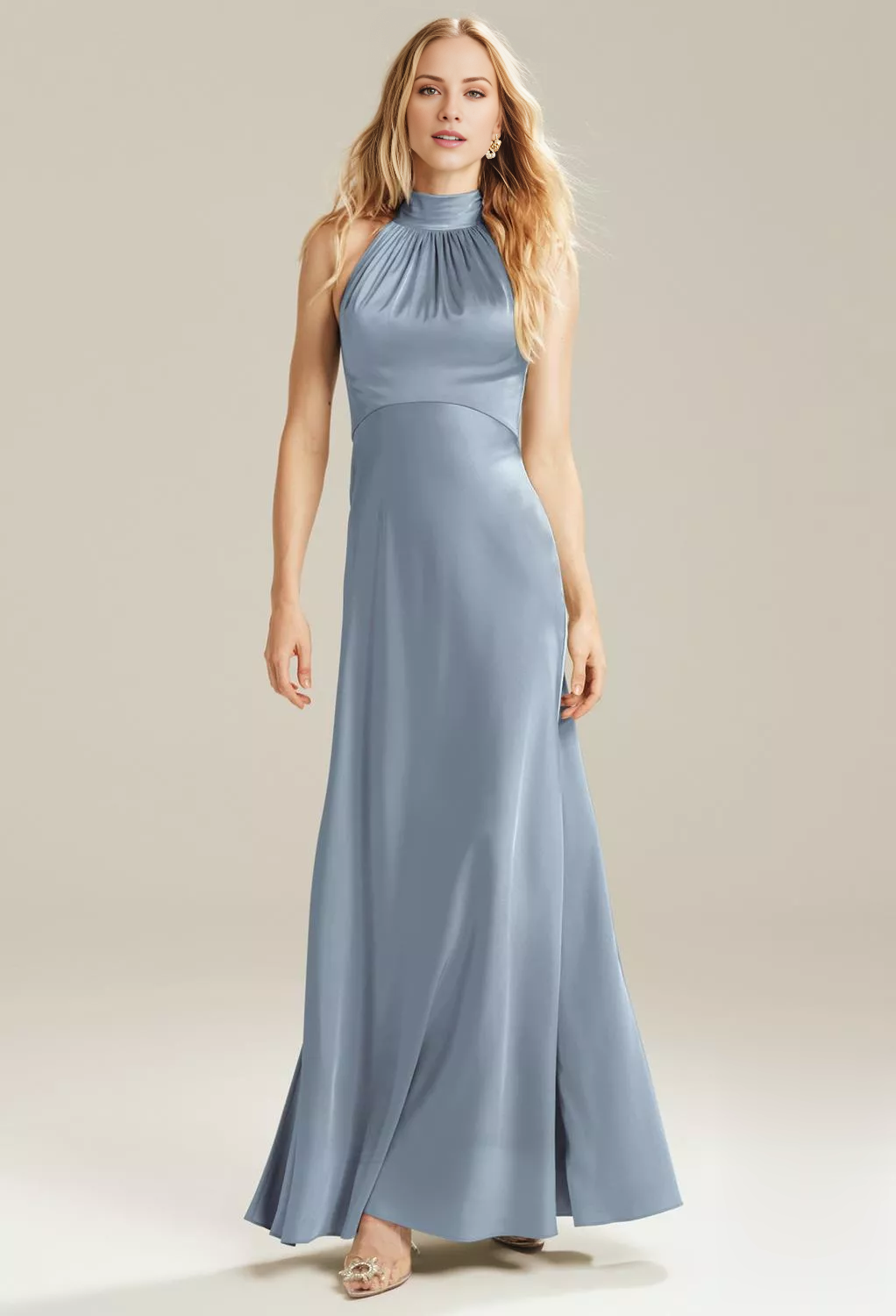 Fashion A-line High Neck Off Shoulder Sleeveless Backless Floor-Length Bridesmaid Dress
