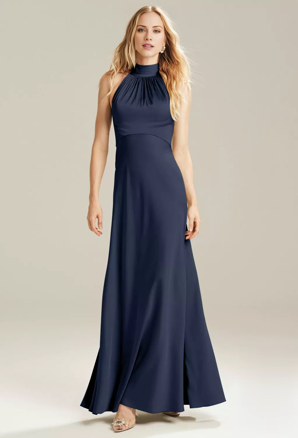 Fashion A-line High Neck Off Shoulder Sleeveless Backless Floor-Length Bridesmaid Dress