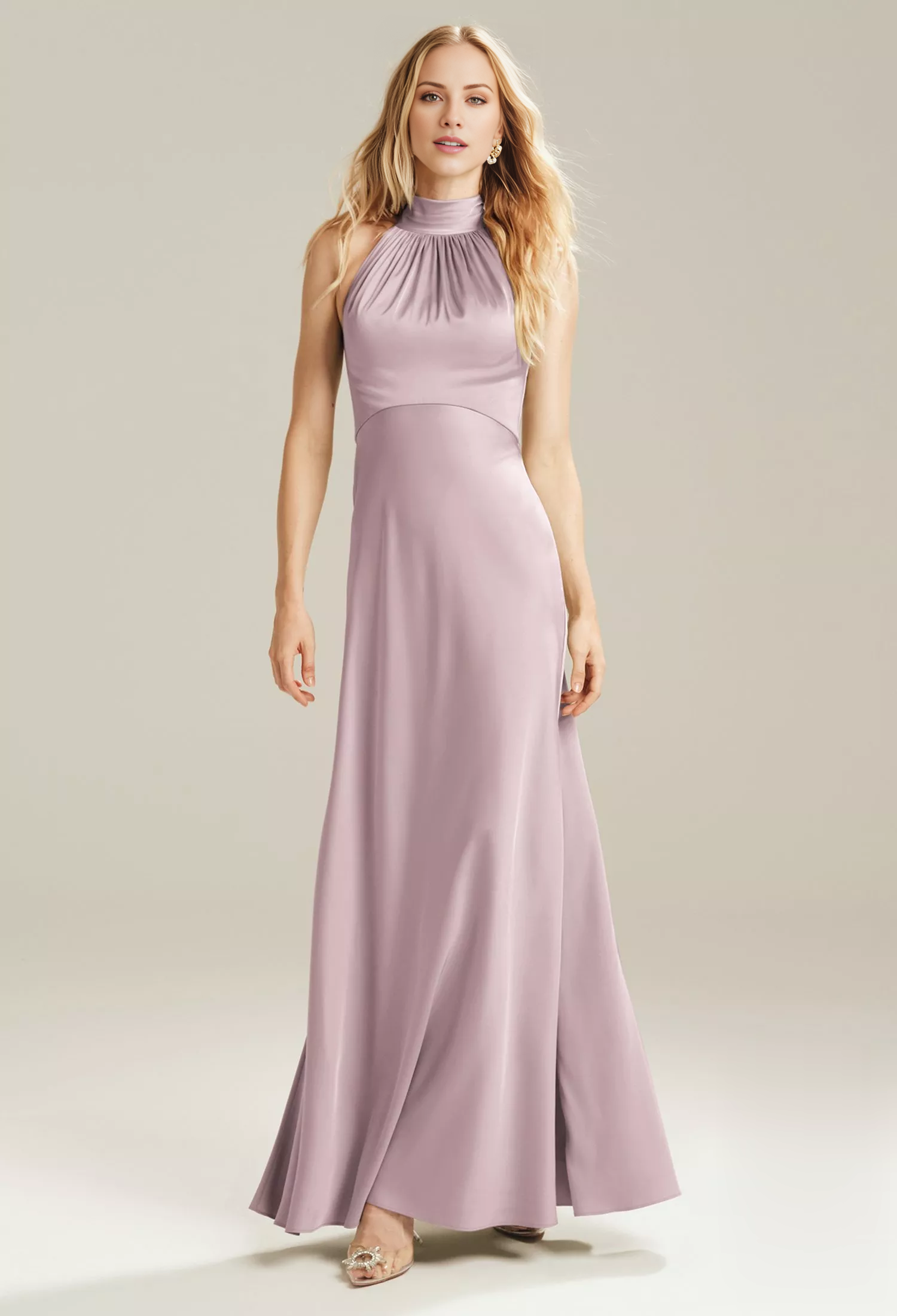 Fashion A-line High Neck Off Shoulder Sleeveless Backless Floor-Length Bridesmaid Dress