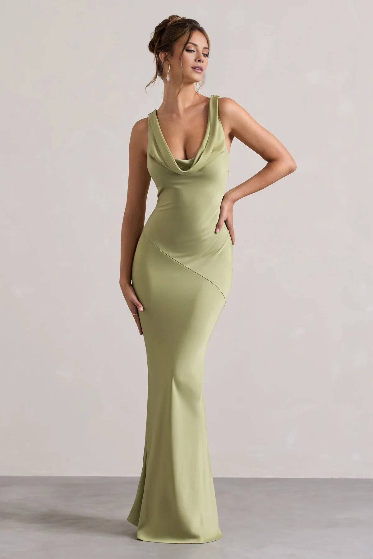 Sage Green Cowl Neck Satin Mermaid Floor-Length Dress