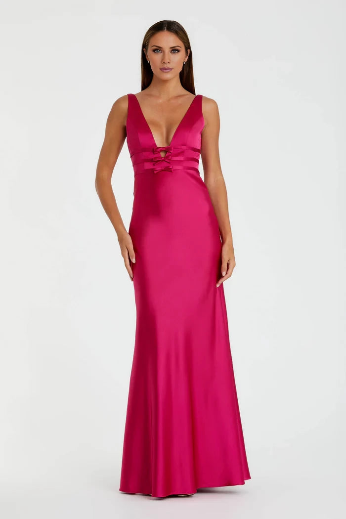 Fashion Deep V-Neck Bow-Detailed Open Back Satin Mermaid Floor-Length Evening Dress