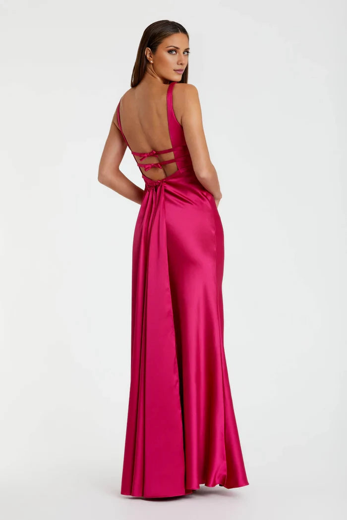 Fashion Deep V-Neck Bow-Detailed Open Back Satin Mermaid Floor-Length Evening Dress