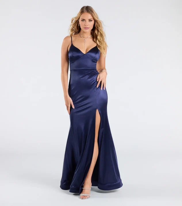 Fashion Deep V-Neck Sleeveless Spaghetti Strap Ruched Slit Satin Mermaid Floor-Length Evening Dress