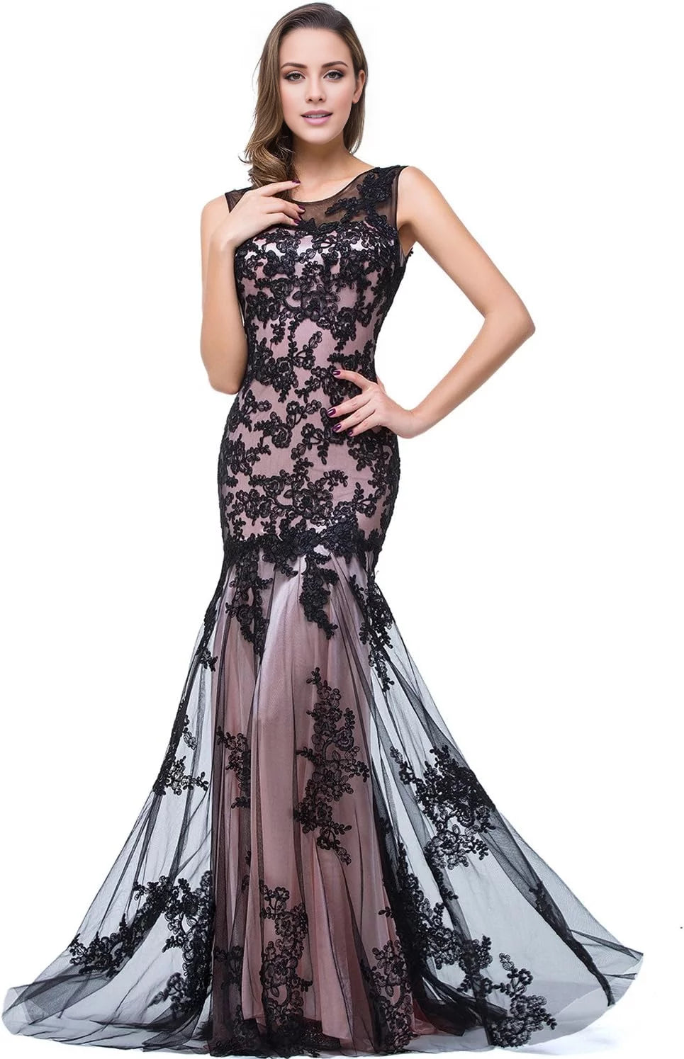 Black Lace Mermaid Floor-Length Dress with Illusion Neckline