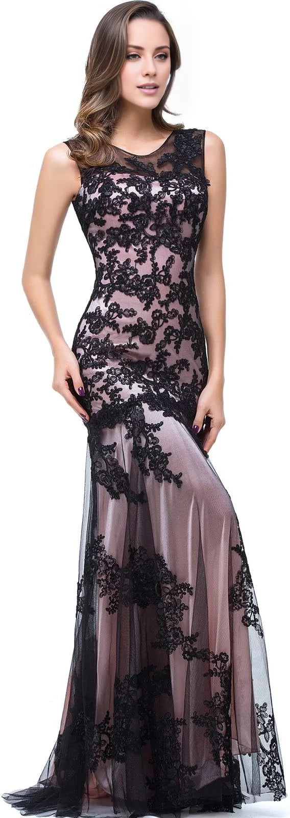 Black Lace Mermaid Floor-Length Dress with Illusion Neckline