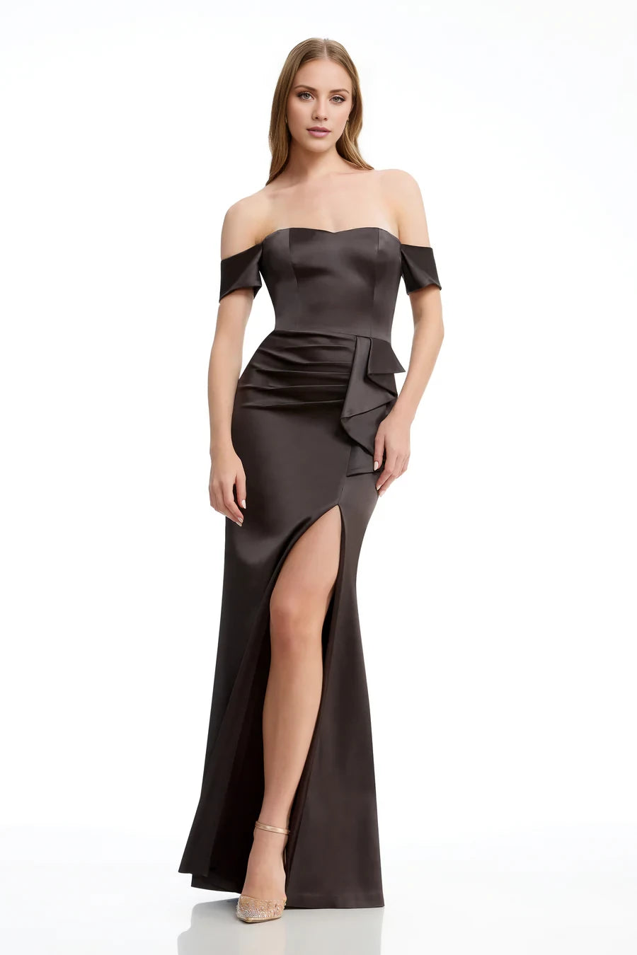 Fashion Off-Shoulder Neck Sleeveless Ruffled Slit Satin Mermaid Floor-Length Evening Dress