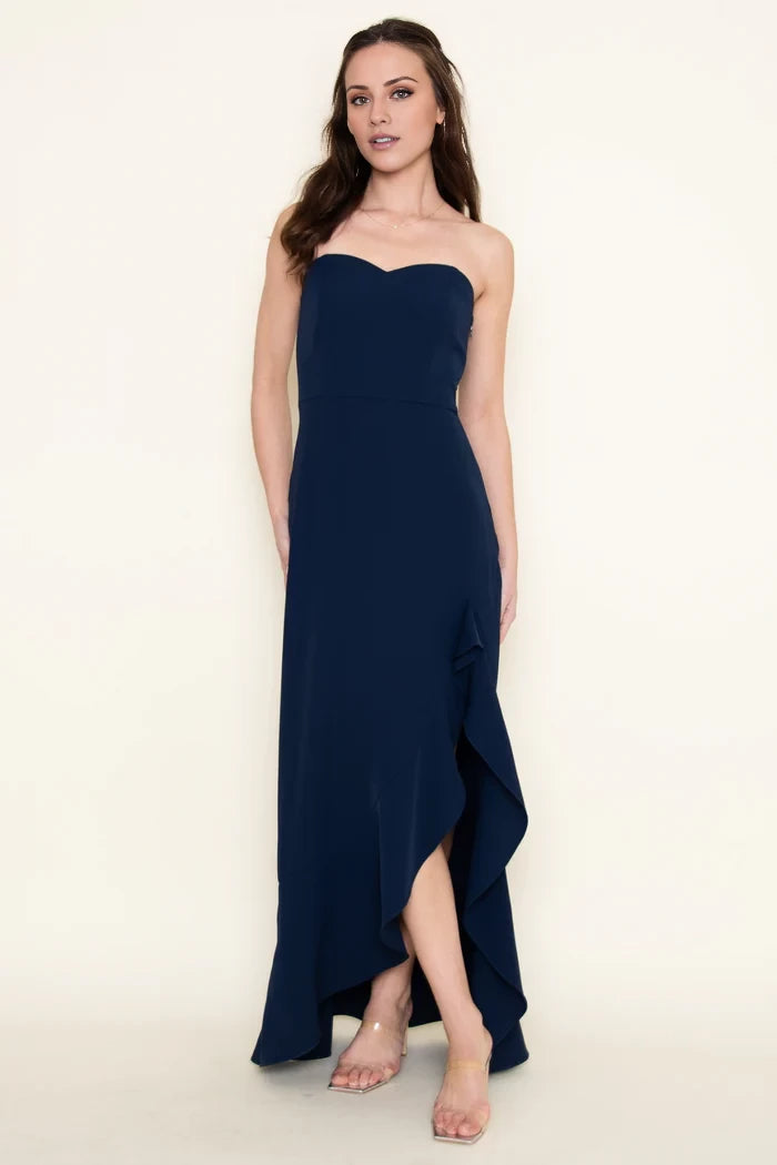 Dark Navy Sweetheart Chiffon A-Line Asymmetrical Bridesmaid Dress with Ruffled High-Low Hem