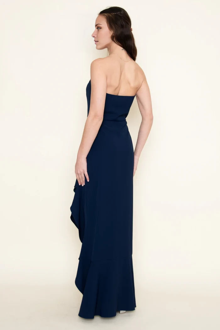 Dark Navy Sweetheart Chiffon A-Line Asymmetrical Bridesmaid Dress with Ruffled High-Low Hem