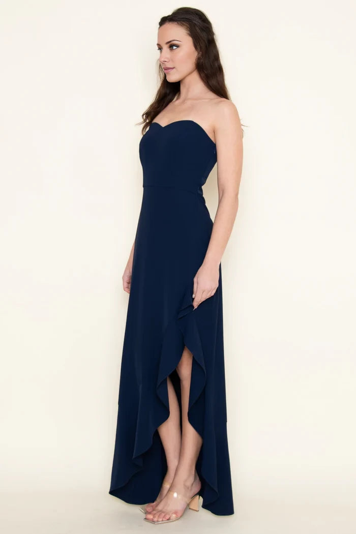 Dark Navy Sweetheart Chiffon A-Line Asymmetrical Bridesmaid Dress with Ruffled High-Low Hem