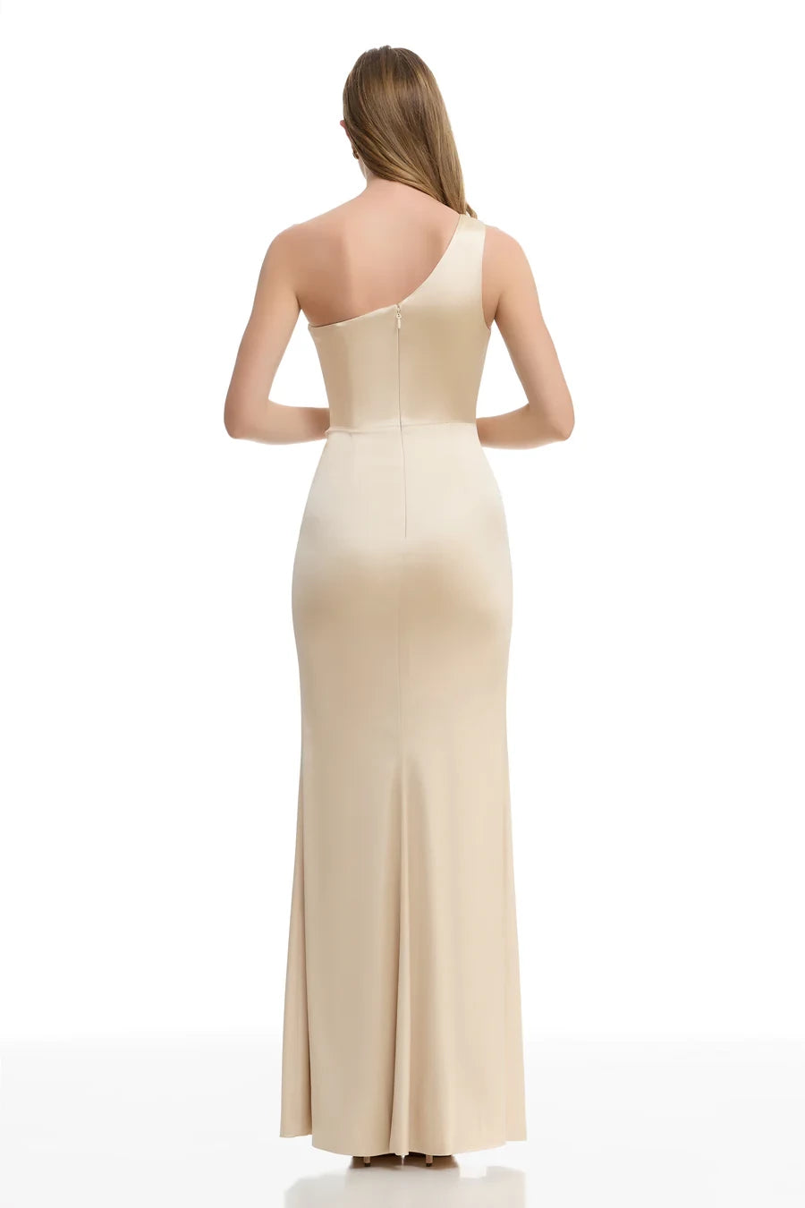 Fashion One-Shoulder Neck Sleeveless Slit Satin Mermaid Floor-Length Evening Dress