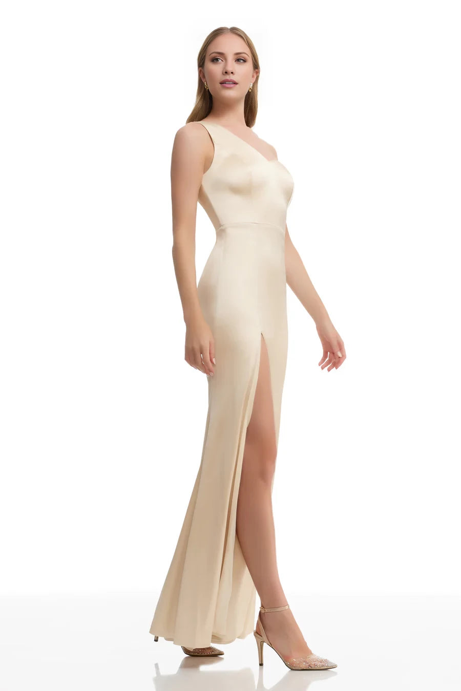Fashion One-Shoulder Neck Sleeveless Slit Satin Mermaid Floor-Length Evening Dress