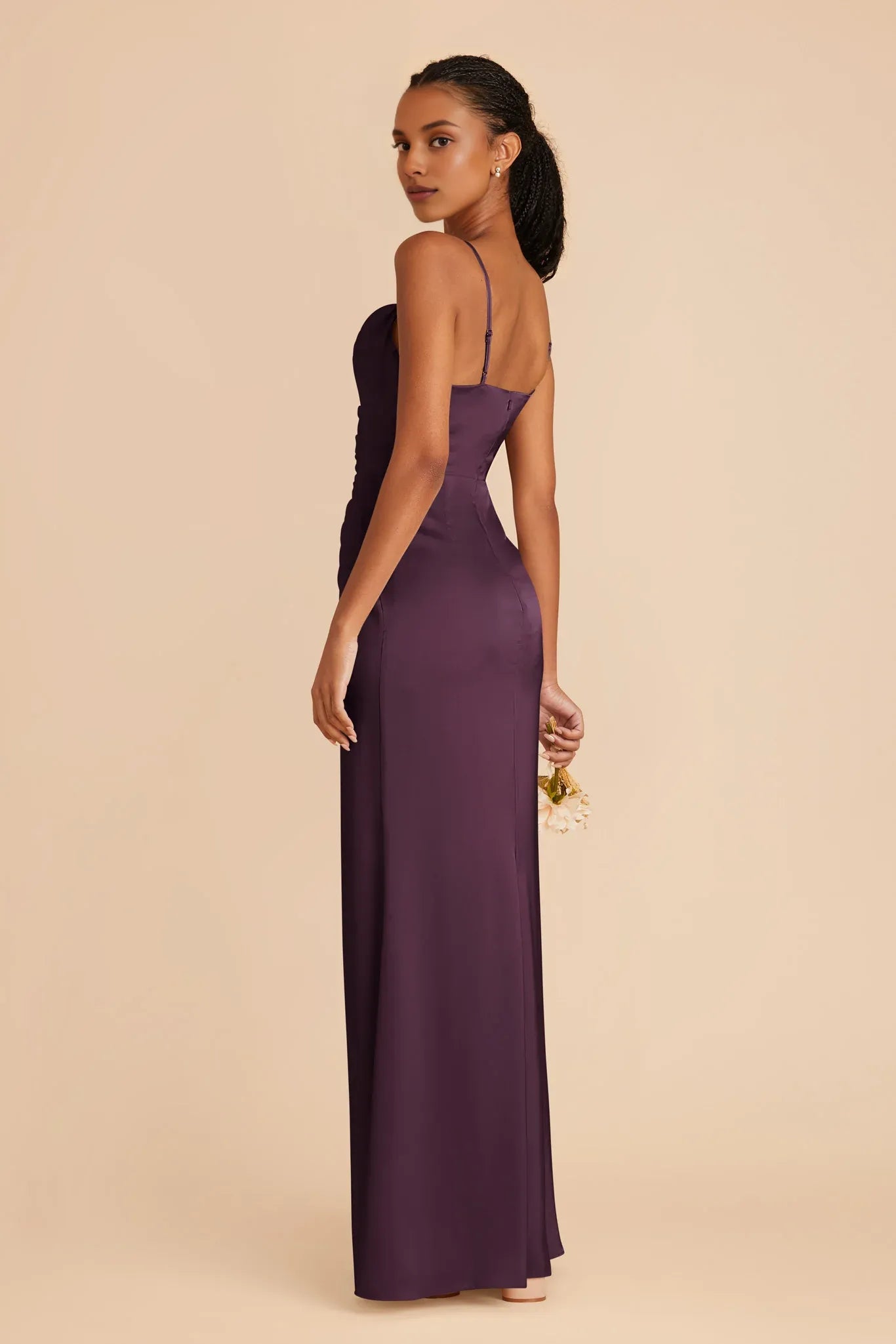 Fashion Plum Spaghetti Straps Pleated Satin Maxi Bridesmaid Dress