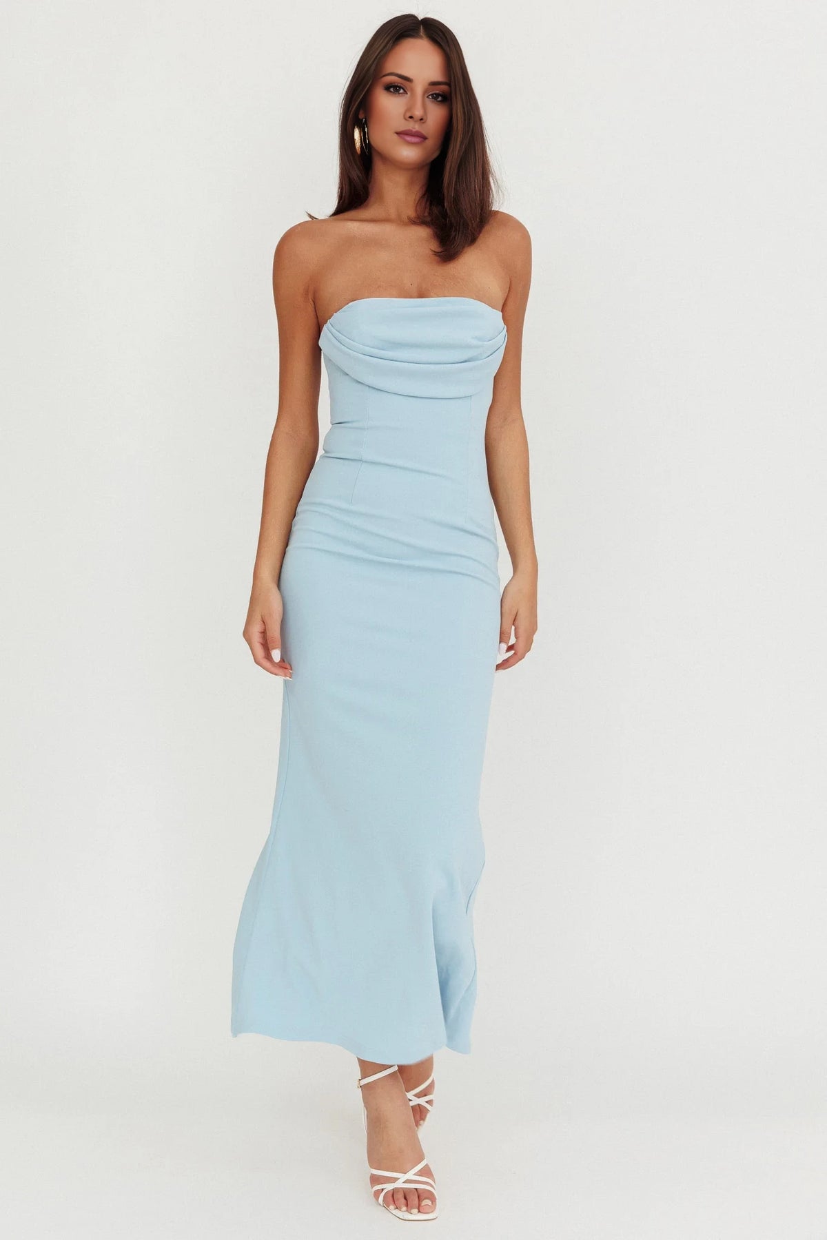 Sky Blue Crepe Sheath/column Midi Dress with Cowl Neck and Back Zip