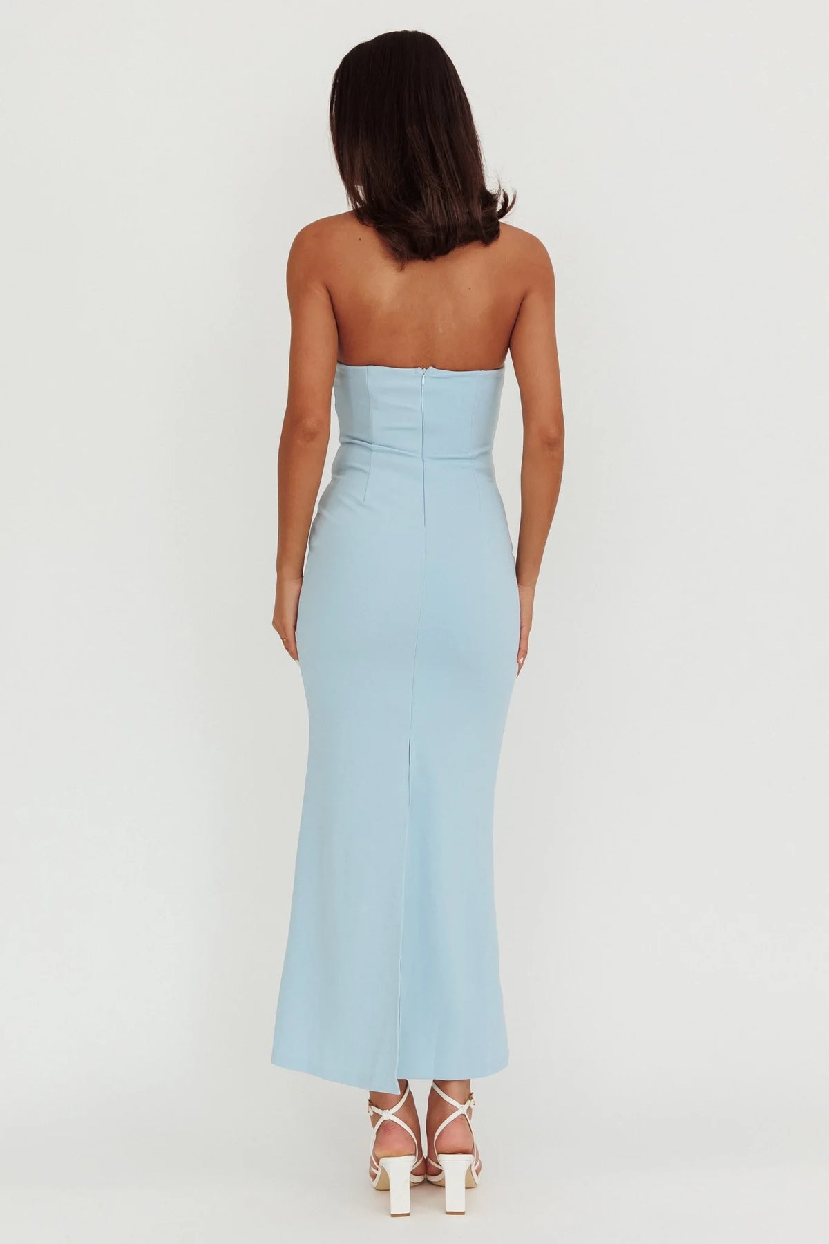 Sky Blue Crepe Sheath/column Midi Dress with Cowl Neck and Back Zip