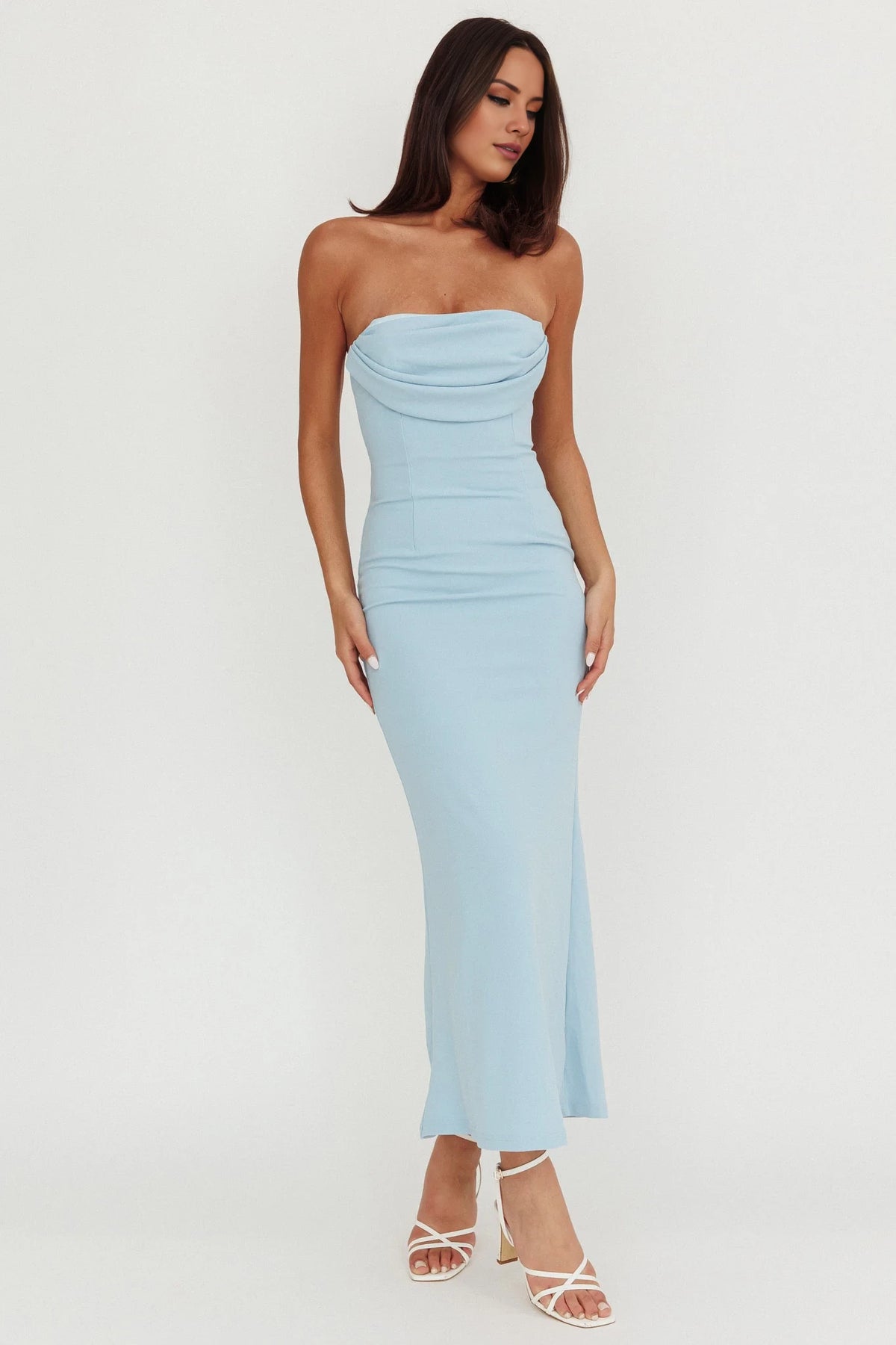 Sky Blue Crepe Sheath/column Midi Dress with Cowl Neck and Back Zip