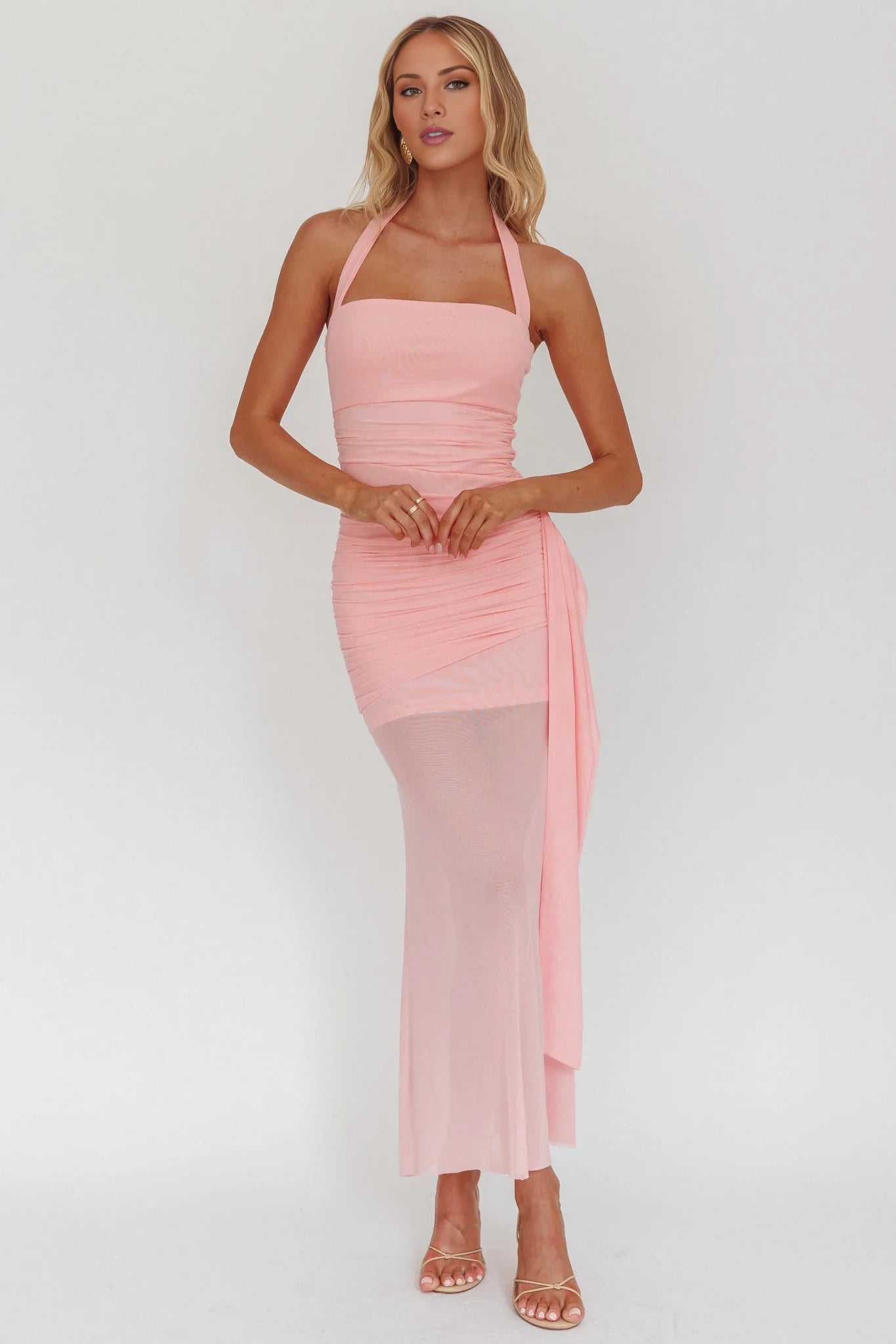 Fashion Sheath/Column Square Neck Halter Sleeveless Backless Floor-Length Prom Dress