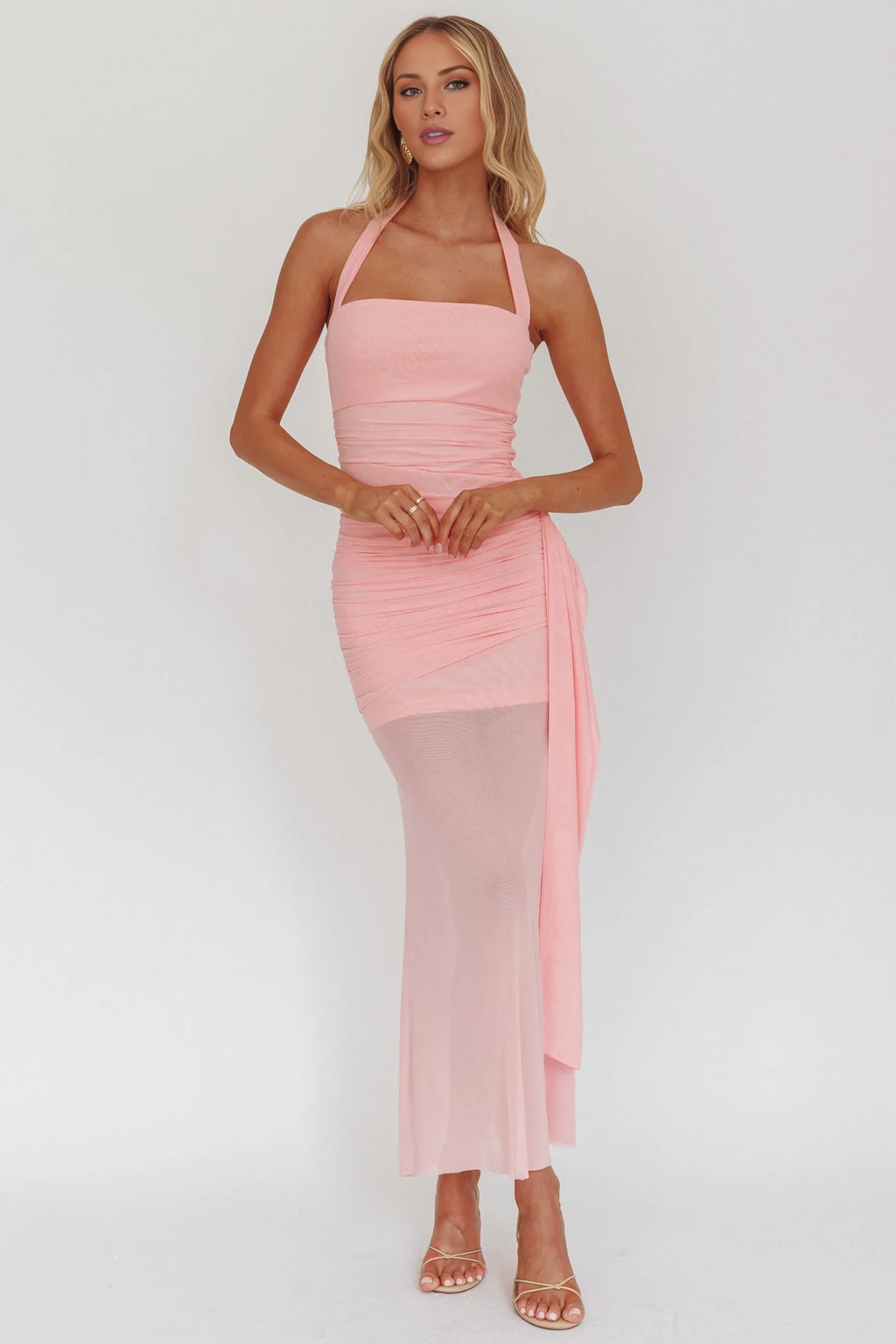 Blushing Pink Halter Ruched Chiffon Ankle-Length Dress