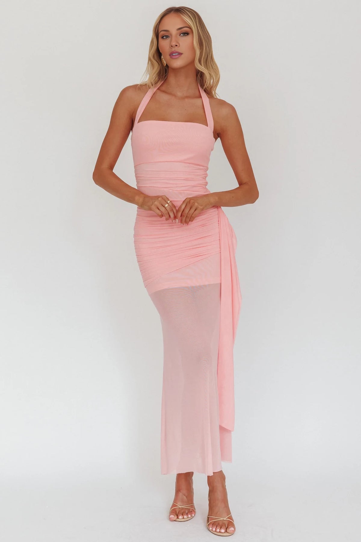 Blushing Pink Halter Ruched Chiffon Ankle-Length Dress