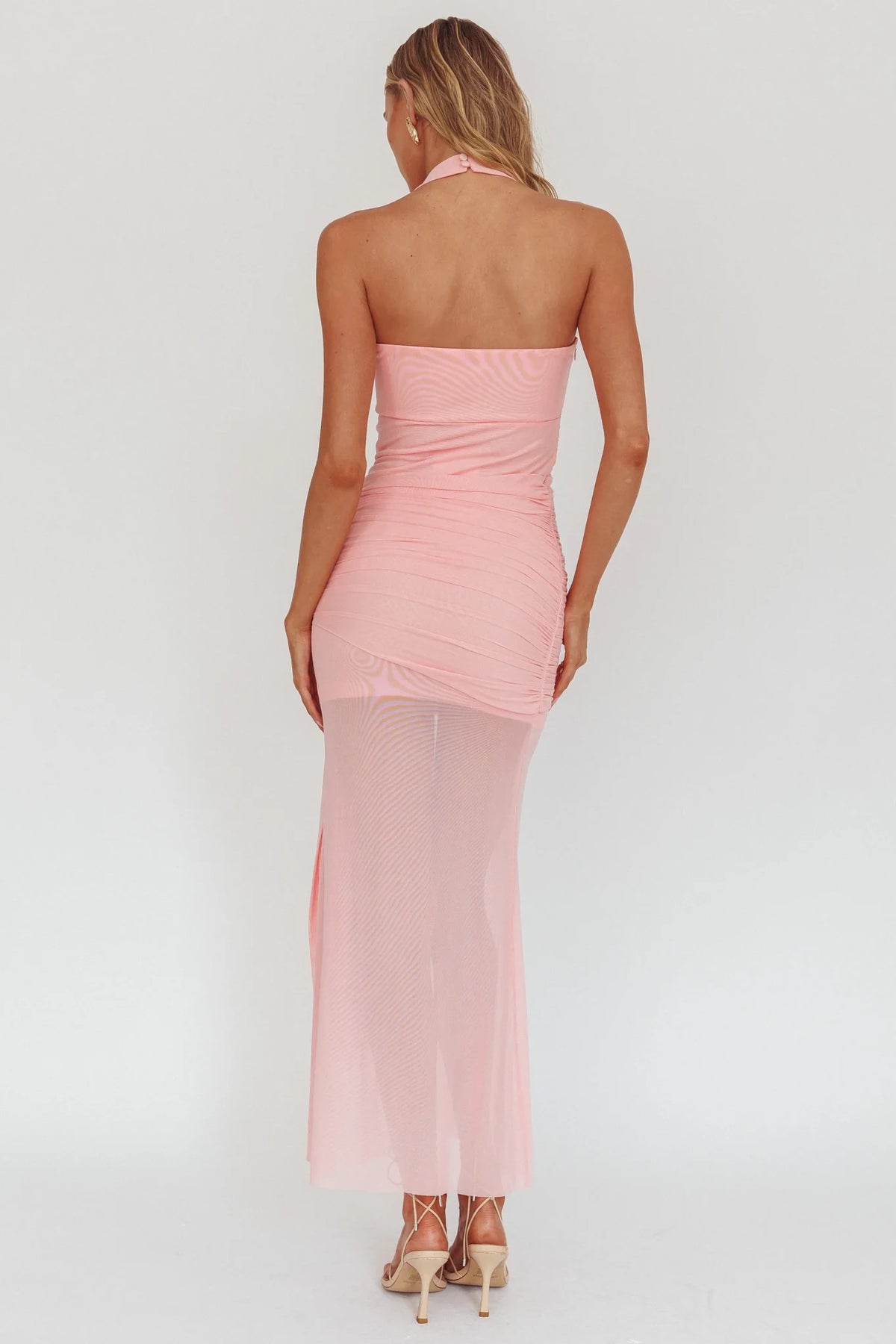 Blushing Pink Halter Ruched Chiffon Ankle-Length Dress