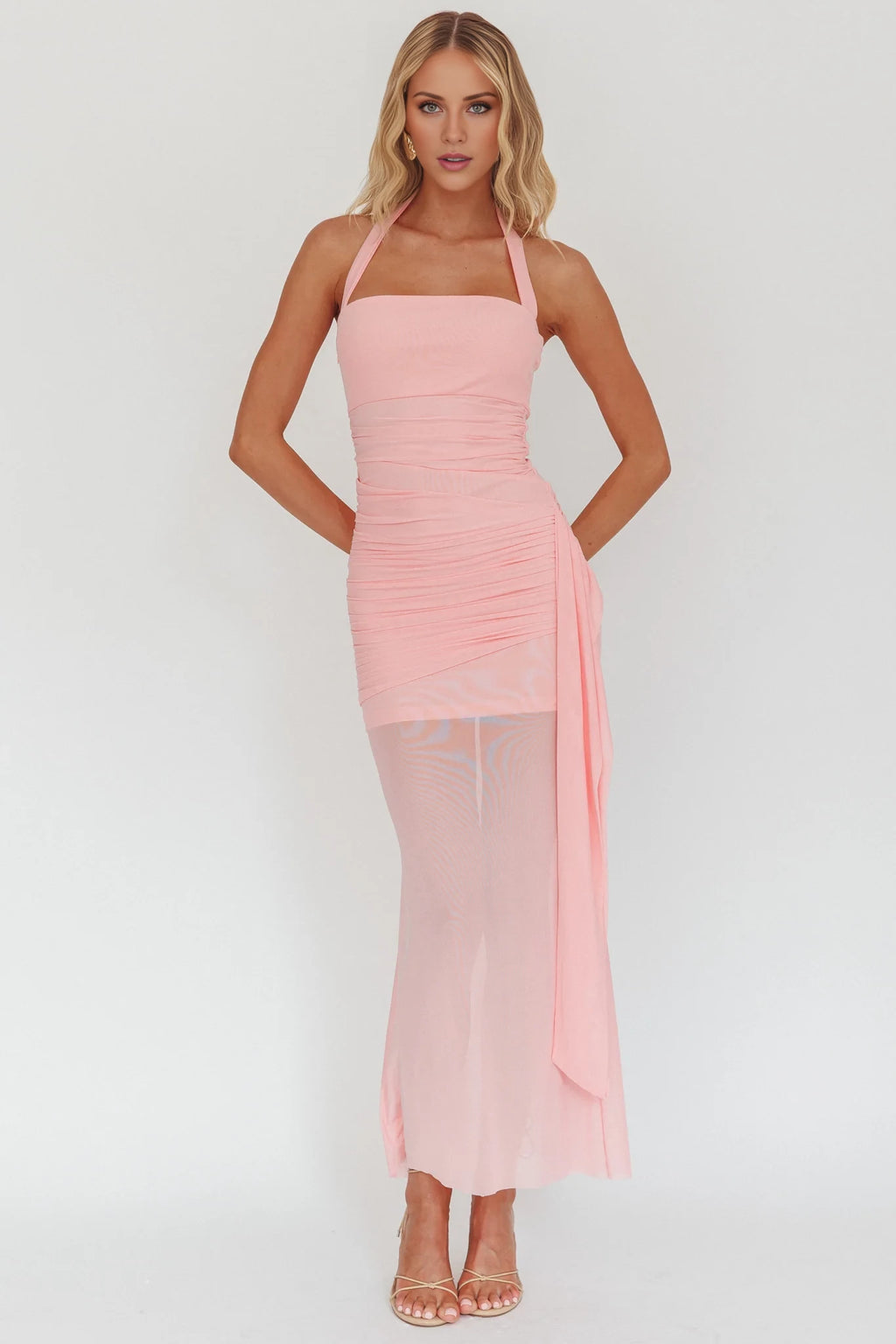 Blushing Pink Halter Ruched Chiffon Ankle-Length Dress