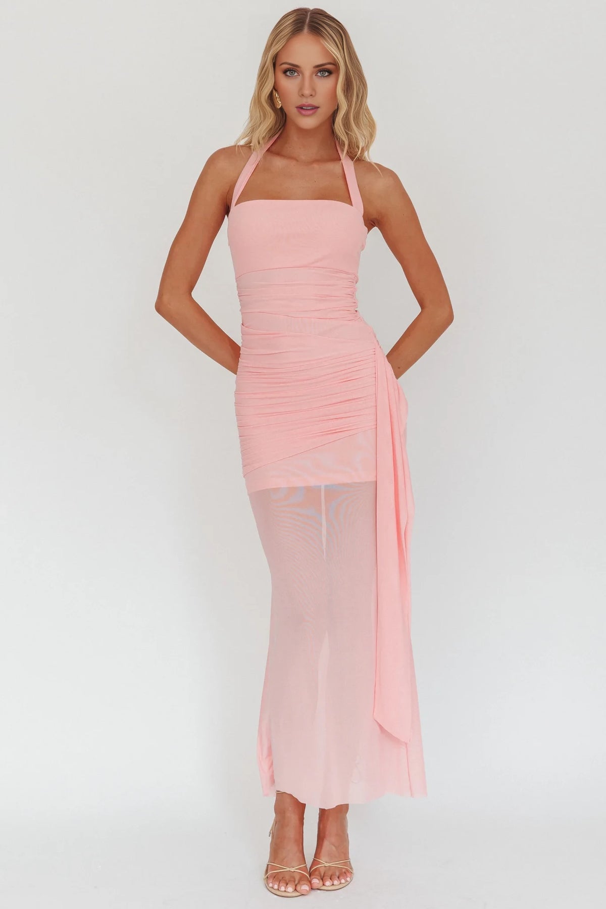 Blushing Pink Halter Ruched Chiffon Ankle-Length Dress