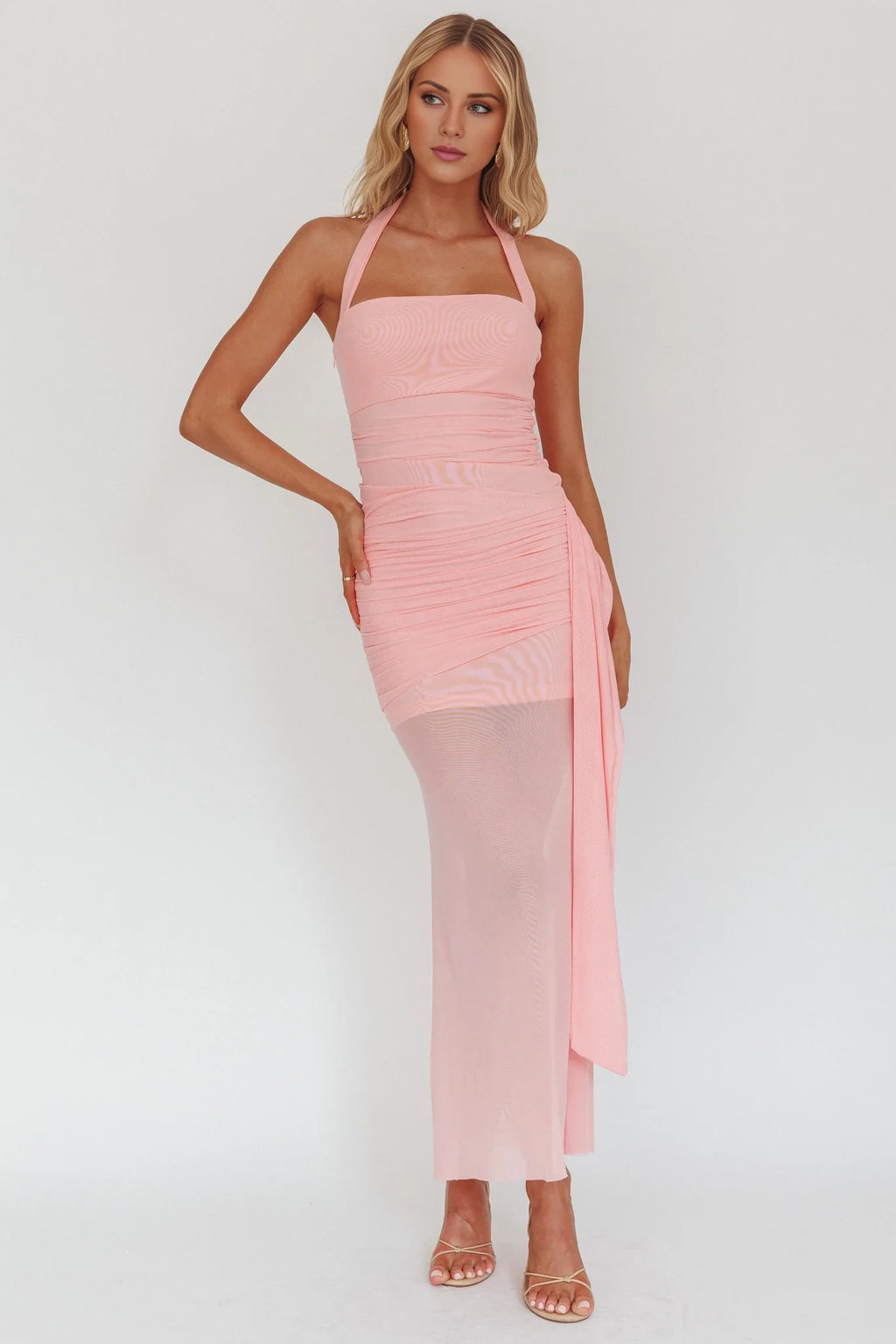 Blushing Pink Halter Ruched Chiffon Ankle-Length Dress